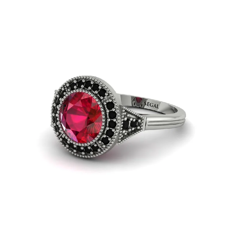 Ladies engagement rings upgrade ideas-Round Cut Ruby Milgrain Halo Engagement Ring - Maggie No. 42