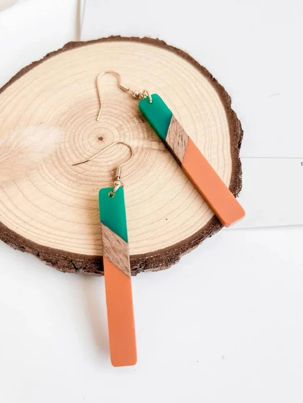 Ladies earrings ruby pendants-Beautiful Green and Orange Resin and Wood Earrings