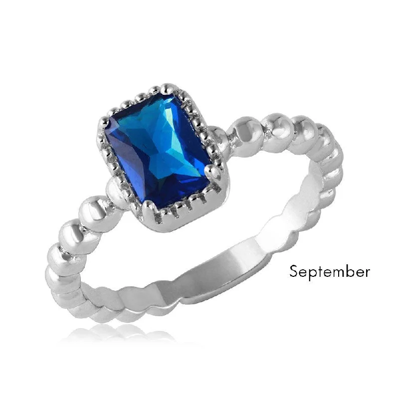 Ladies rings stacking looks-September Sterling 925 Silver Rhodium Plated Beaded Shank Square Center Birthstone Ring - BGR01081SEP