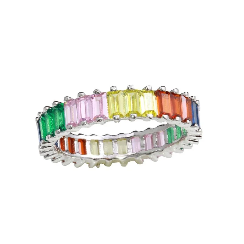 Ladies rings friendship bands-Rhodium Plated 925 Sterling Silver Multi-Colored Rectangular CZ Stone Ring - GMR00208RBC