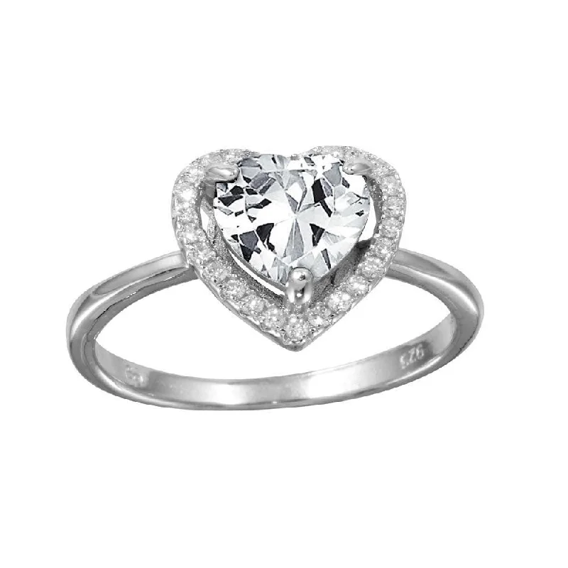 Ladies rings party wear-Rhodium Plated 925 Sterling Silver Clear Halo Heart Ring - BGR01139CLR