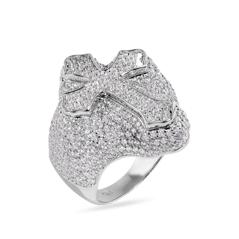 Ladies rings everyday wear-Rhodium Plated 925 Sterling Silver Cross Clear CZ Studded Top 30mm Ring - GMR00392