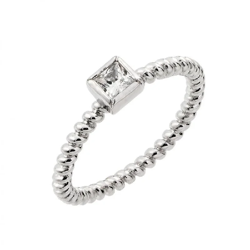 Ladies rings price range-Silver 925 Rhodium Plated Clear Square Center CZ Bead Ring - BGR00857