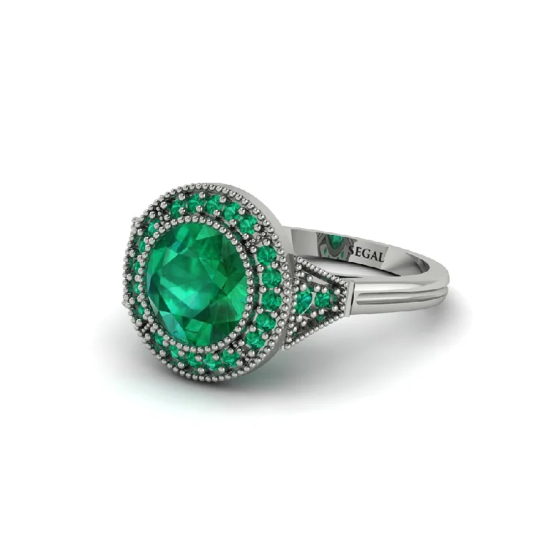 Ladies engagement rings oval shapes-Round Cut Emerald Milgrain Halo Engagement Ring - Maggie No. 21