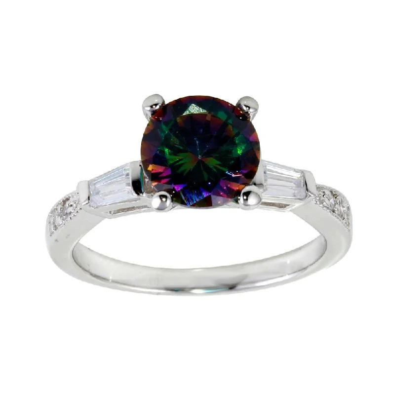 Ladies rings punk edge-Rhodium Plated 925 Sterling Silver Oval Solitaire Synthetic Mystic Topaz Baguette Shank CZ Ring - BGR01261