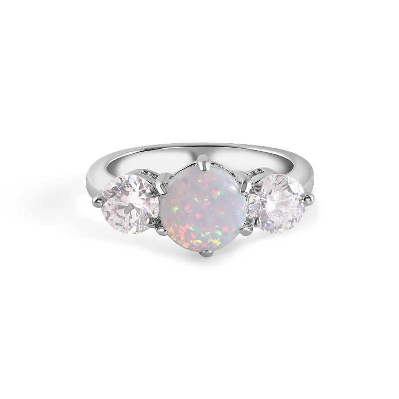 Ladies rings 2025 trends-Rhodium Plated 925 Sterling Silver Three Stone Trellis Syntethic Opal and Clear CZ Ring - BGR01012