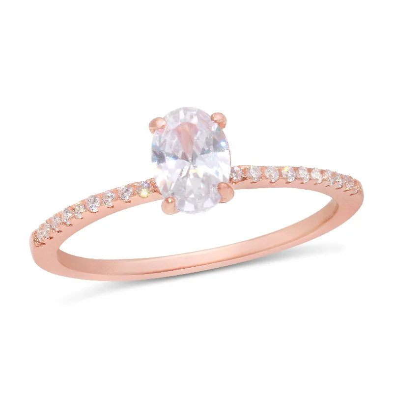 Ladies rings investment value-Rose Gold Plated 925 Sterling Silver Center Oval CZ Stone Ring - BGR01178RGP