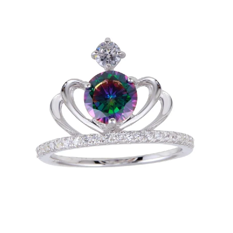 Ladies rings store finds-Rhodium Plated 925 Sterling Silver Crown Synthetic Mystic Topaz CZ Ring - BGR01255