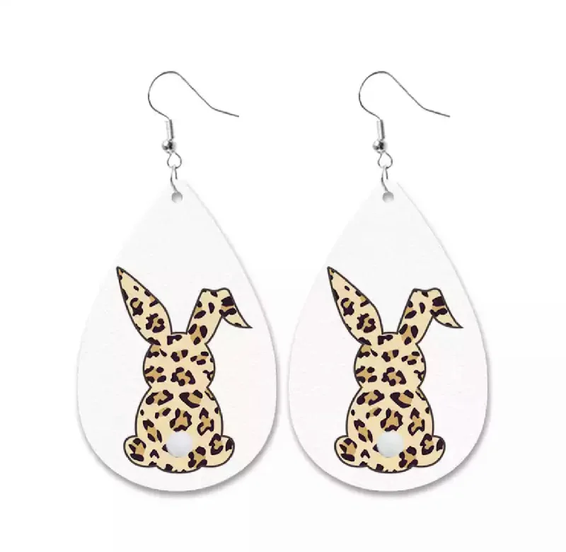 Ladies earrings vintage vibes-Cute Leather Easter Earrings with Real Cotton Tail