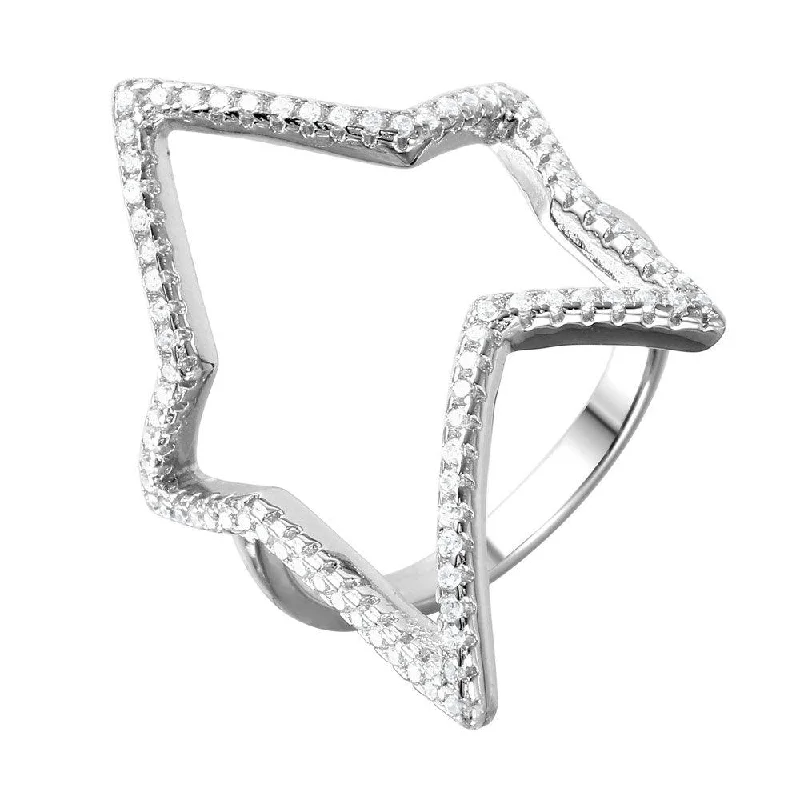 Ladies rings girlfriend surprises-Silver 925 Rhodium Plated Wide Open Star Ring - STR01042