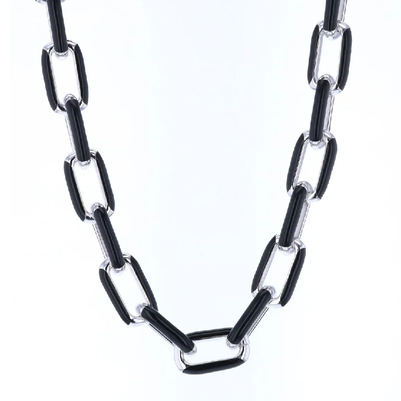 Ladies rings diamond accents-Sterling Silver & Dark Enamel Link Necklace