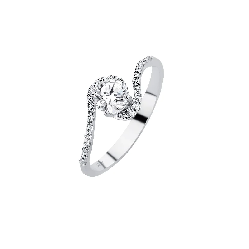 Ladies rings light luxury-Silver 925 Rhodium Plated Clear Pave Set Round Center CZ Twist Bridal Ring - BGR00619