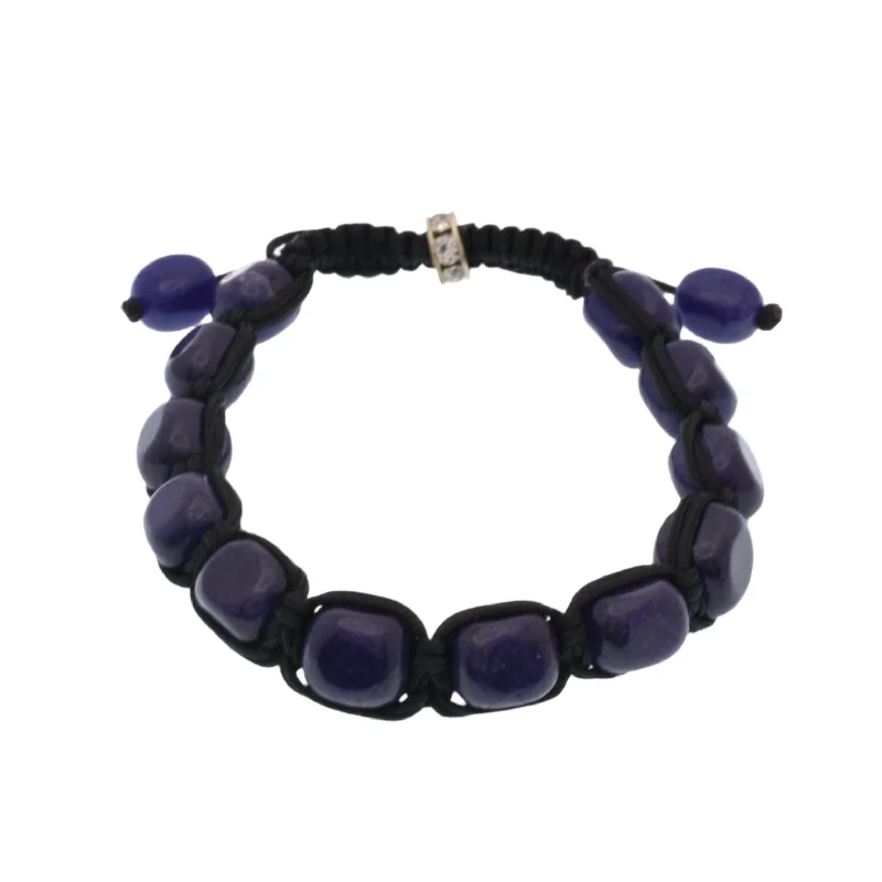 Ladies rings holiday gifts-Stainless Steel Lapis Bead & CZ  Accent Ring Cord Bracelet - SBB00067