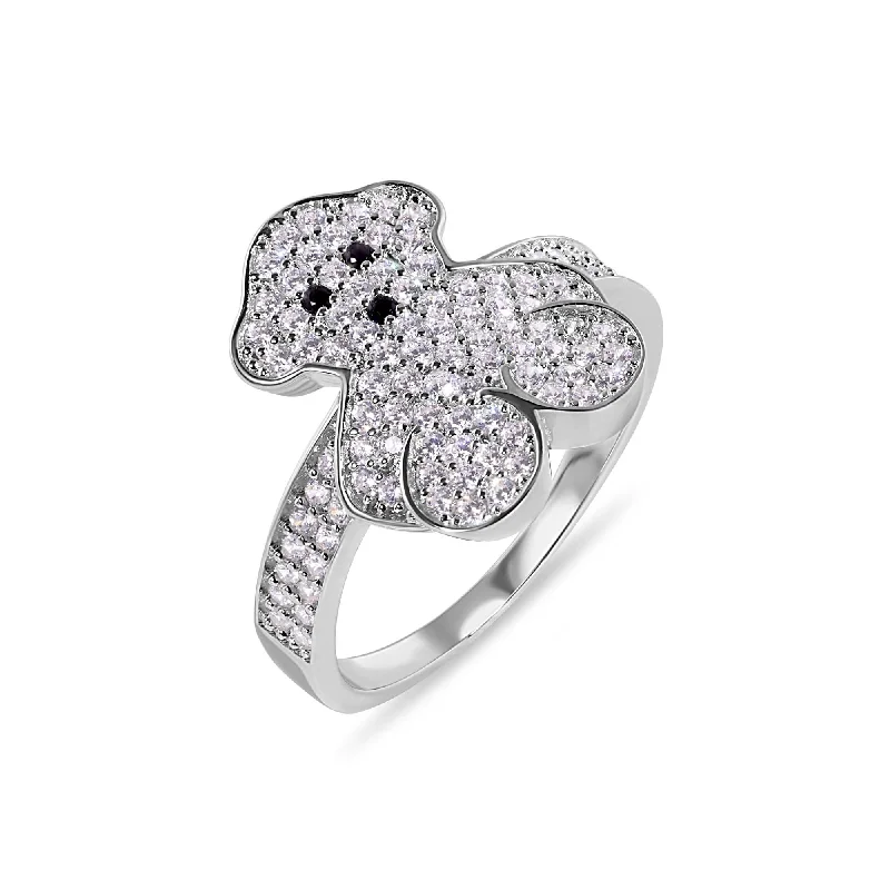 Ladies rings Valentine’s Day-Rhodium Plated 925 Sterling Silver Teddy Bear Clear CZ Studded 15.5mm Ring - GMR00407