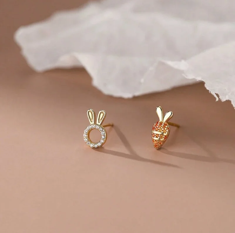 Ladies earrings 2025 trends-Adorable Mismatched Bunny and Carrot Stud Earrings