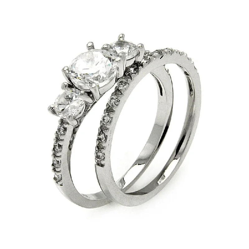 Ladies rings elegant looks-Silver 925 Rhodium Plated 3 Stone Set Round CZ Bridal Ring Set - BGR00461