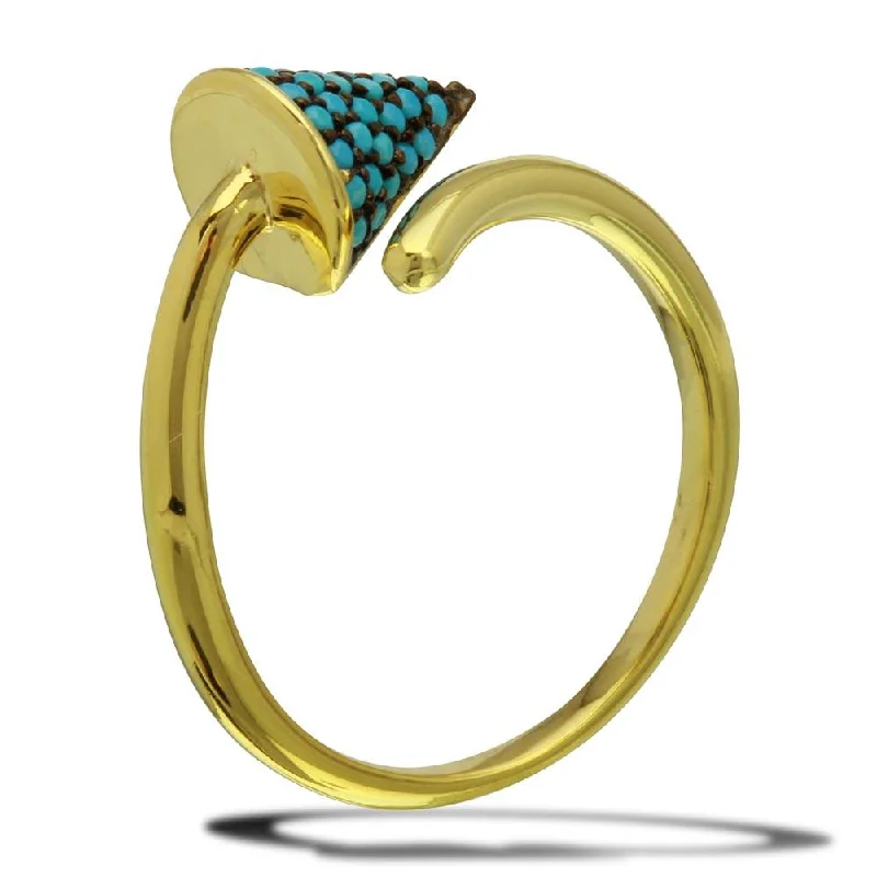 Ladies rings diamond accents-Gold Plated 925 Sterling Silver Open End Cone Ring with Turquoise Beads - BGR01114