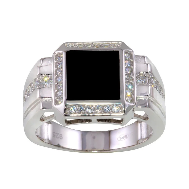 Ladies rings European styles-Rhodium Plated 925 Sterling Silver Square Ring with CZ - GMR00253