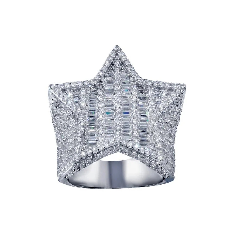 Ladies rings ethnic flair-Rhodium Plated 925 Sterling Silver CZ Encrusted Star Ring  - SLR00002