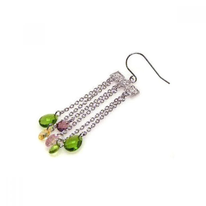 Ladies earrings latest designs-Clearance-Silver 925 Rhodium Plated Multicolor CZ Wire Dangling Hook Earrings - STE00142