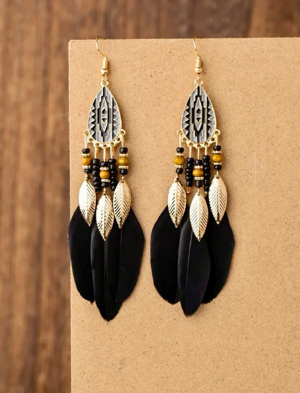 Ladies earrings luxury choices-Black Feather Tassel Earrings