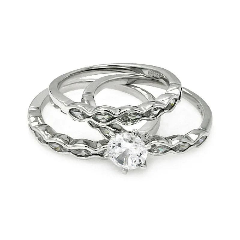 Ladies rings boho charm-Silver 925 Rhodium Plated Clear Round Center CZ Bridal Ring Set - BGR00507