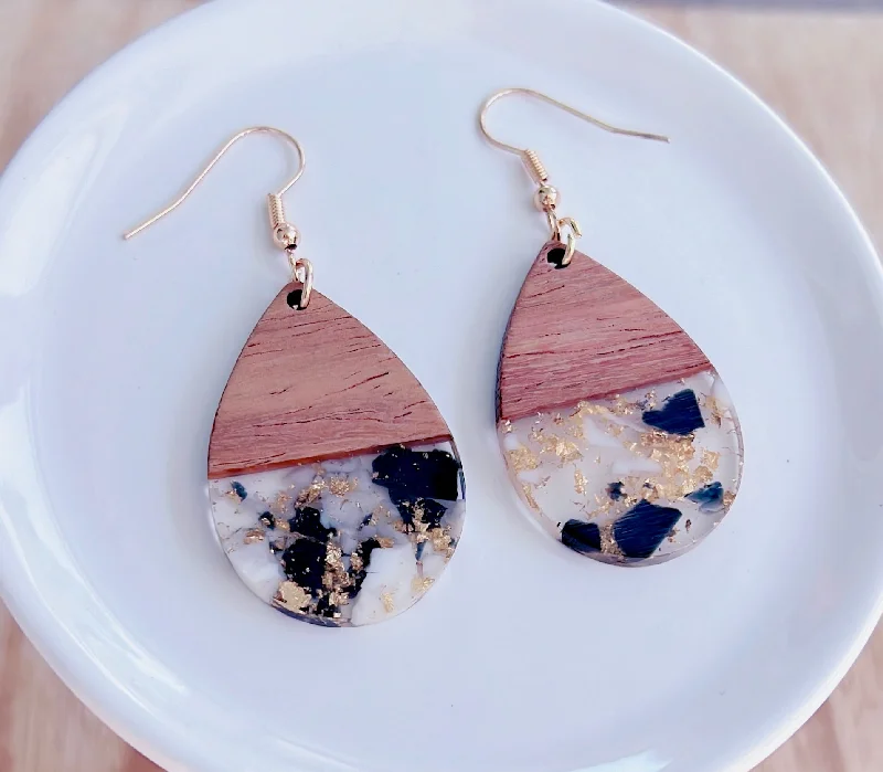 Ladies earrings synthetic jewels-Wood with Black and White Resin Teardrop Earrings