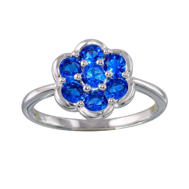 Ladies rings designer labels-Rhodium Plated 925 Sterling Silver Blue CZ Flower Ring - BGR01152BLU