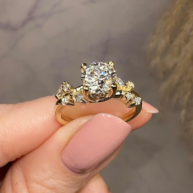 Ladies engagement rings conflict-free-"Penelope" Rose Floral Under Halo Hidden 1.25 Carat Round Brilliant Cut Diamond Yellow Gold Engagement Ring