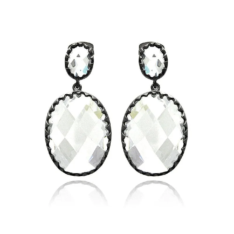 Ladies earrings store finds-Silver 925 Rhodium Plated Round Black Matte CZ Dangling Earrings - BGE00272