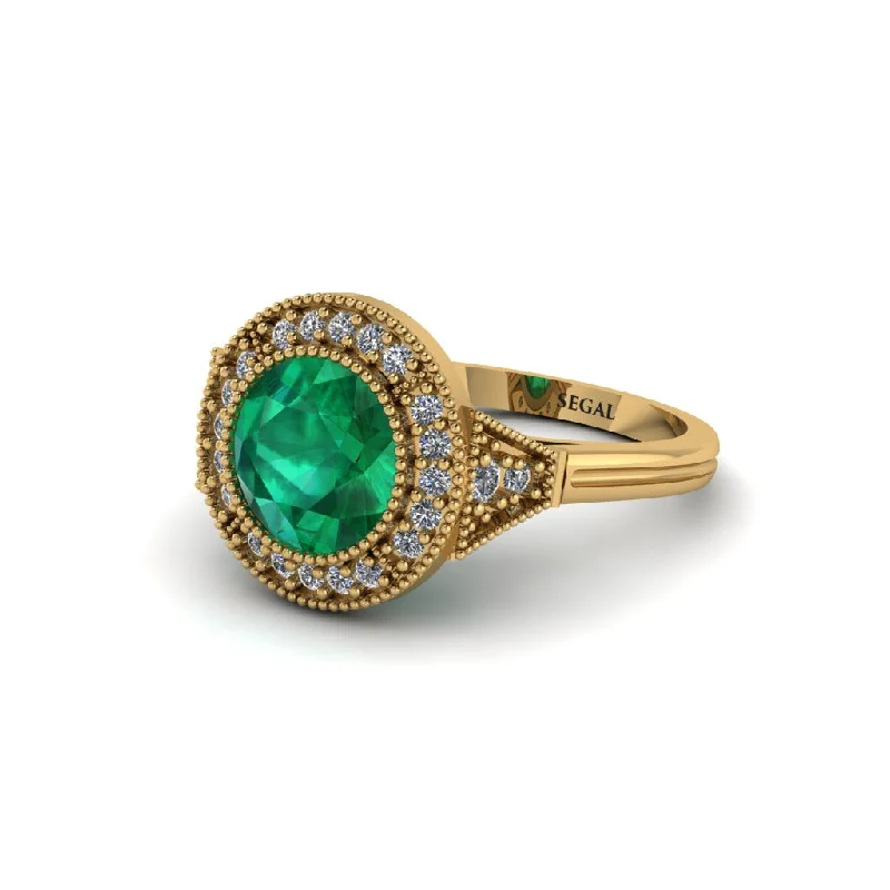 Ladies engagement rings punk edge-Round Cut Emerald Milgrain Halo Engagement Ring - Maggie No. 4