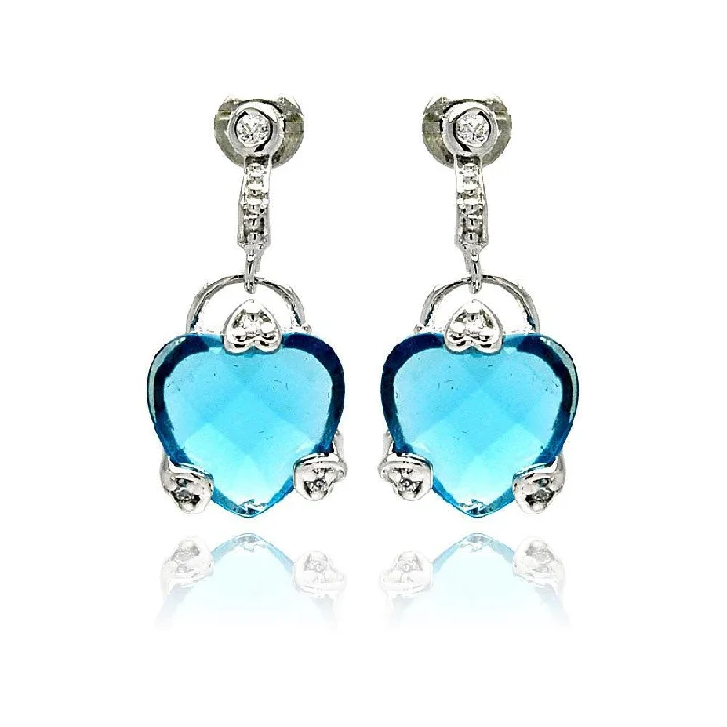 Ladies earrings statement pieces-Silver 925 Rhodium Plated Blue Heart CZ Dangling Earrings - BGE00191