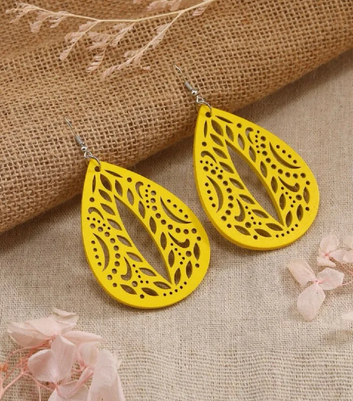 Ladies earrings ethnic patterns-Yellow Hollowed Out Drop Earrings