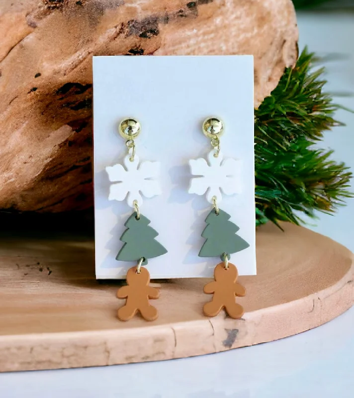 Ladies earrings designer brands-Acrylic Snowflake, Christmas Tree, and Gingerbread Man Holiday Stud Drop Earrings