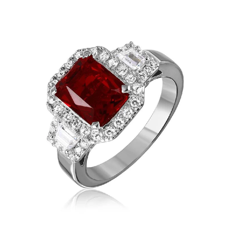 Ladies rings floral accents-Silver 925 Rhodium Plated Red Emerald Cut Center CZ Stone Ring - GMR00101R