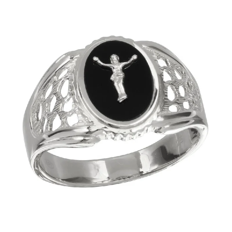 Ladies rings creative styles-Rhodium Plated 925 Sterling Silver Black Oval Body of Christ Ring - GMR00241RH