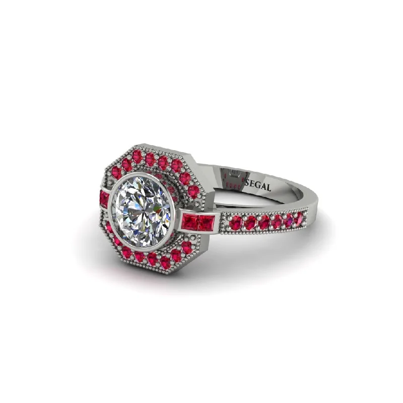 Ladies engagement rings floral motifs-Ruby Octagon Halo Engagement Ring - Leia No. 48