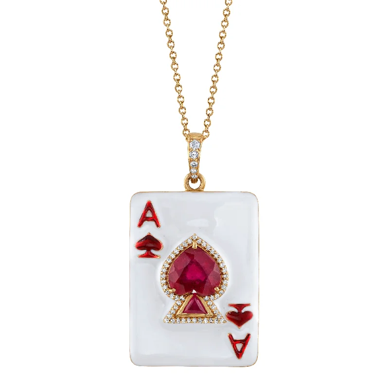 Ladies rings index finger-Ruby Ace of Hearts Necklace with Diamonds