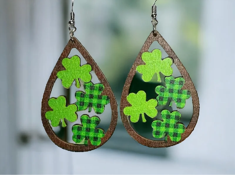 Ladies earrings lightweight styles-Wooden Shamrock Teardrop Earrings