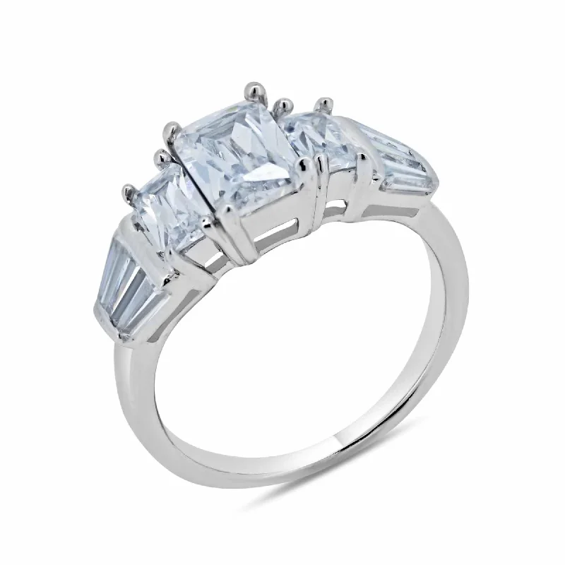 Ladies rings colorful stones-Rhodium Plated 925 Sterling Silver Clear Baguette Rectangular CZ Bridal Ring - BGR00066