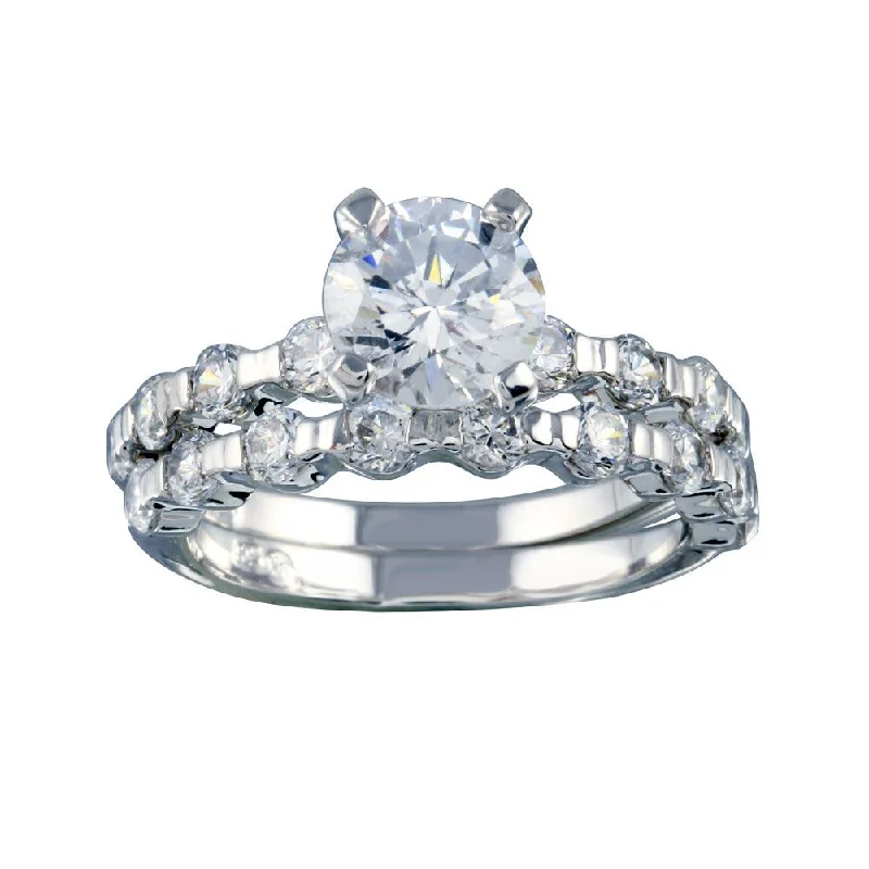 Ladies rings minimalist trends-Rhodium Plated 925 Sterling Silver Clear Round Center CZ Bridal Ring Set - BGR00233