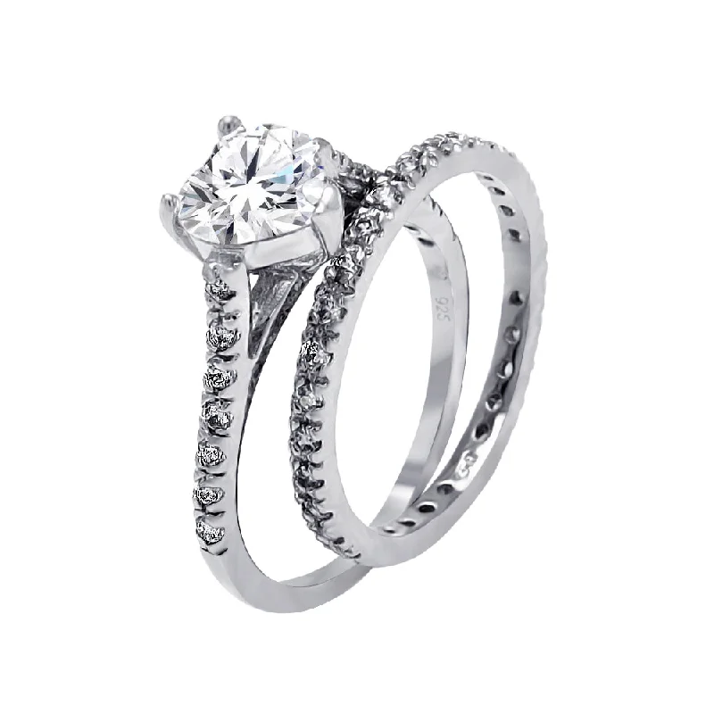 Ladies rings jade accents-Silver 925 Rhodium Plated Clear CZ Heart Bridal Ring Set - BGR00068