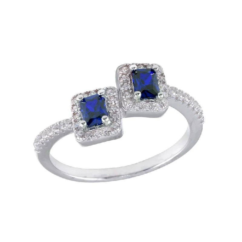 Ladies rings sentimental picks-Rhodium Plated 925 Sterling Silver Double Square Blue Center CZ Ring - BGR01254BLU