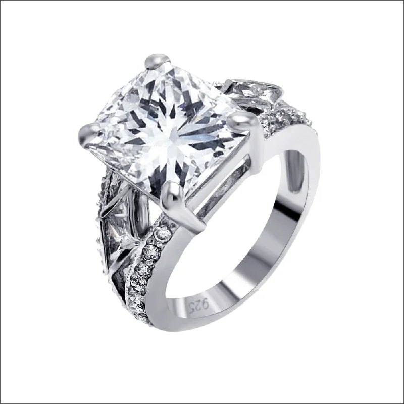 Ladies rings one-of-a-kind-Silver 925 Rhodium Plated Clear Square Center CZ Bridal Ring - BGR00082