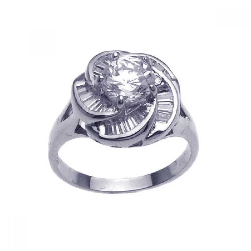 Ladies rings star motifs-Silver 925 Rhodium Plated Clear Center CZ Spiral Flower Bridal Ring - BGR00213