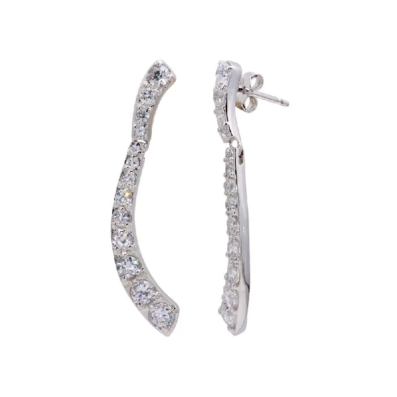 Ladies earrings synthetic jewels-Silver 925 Rhodium Plated CZ Long Thin Curvy Earrings - STE00027