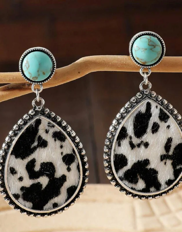 Ladies earrings wedding elegance-Beautiful Cow Print Waterdrop Earrings with Turquoise Stone Accent