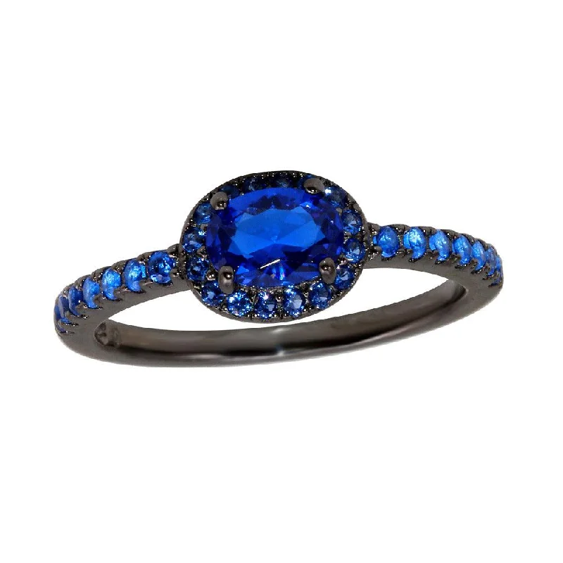 Ladies rings open patterns-Black Rhodium Plated 925 Sterling Silver Blue Oval CZ Stone Ring - BGR01235