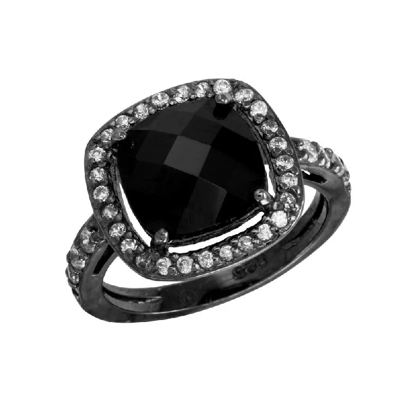 Ladies rings discount offers-Black Rhodium Plated 925 Sterling Silver Square Halo Black CZ Center Ring - STR00597BLK