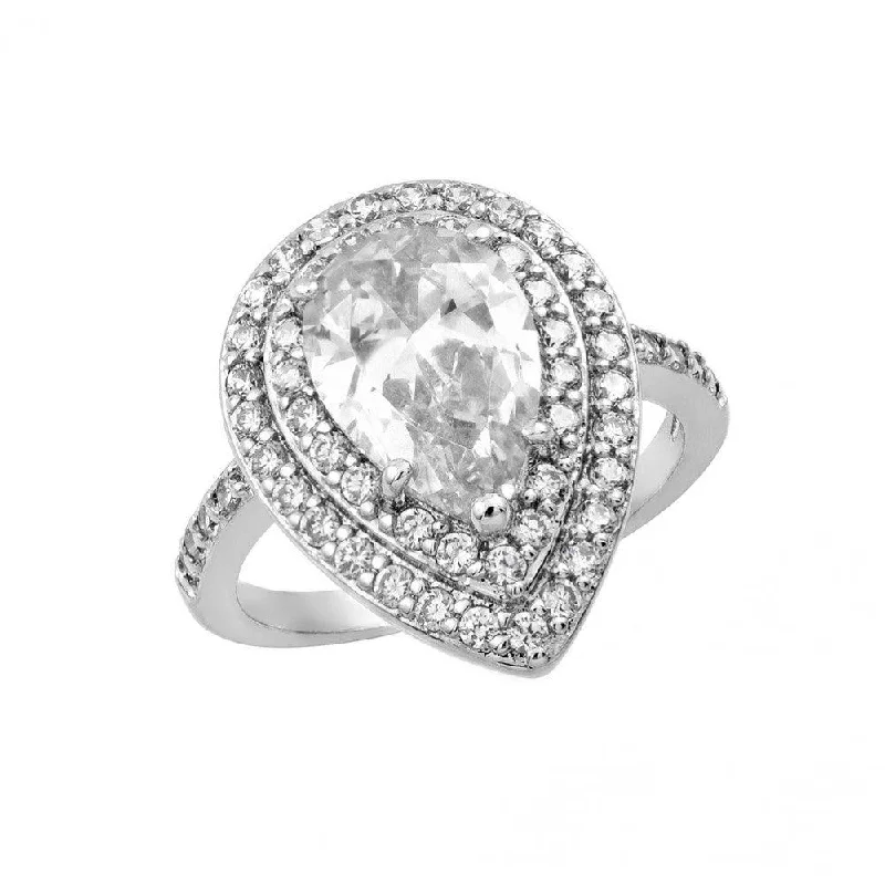 Ladies rings worldwide appeal-Silver 925 Rhodium Plated Clear Center and Cluster CZ Teardrop Ring - BGR00887CLR